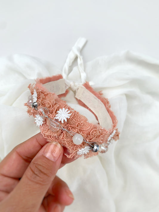 distressed lace beads and tiny floral headband for newborn and kids