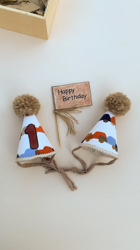 Car theme cake smash party supplies baby boy 1st birthday hat & topper, Custom party hat