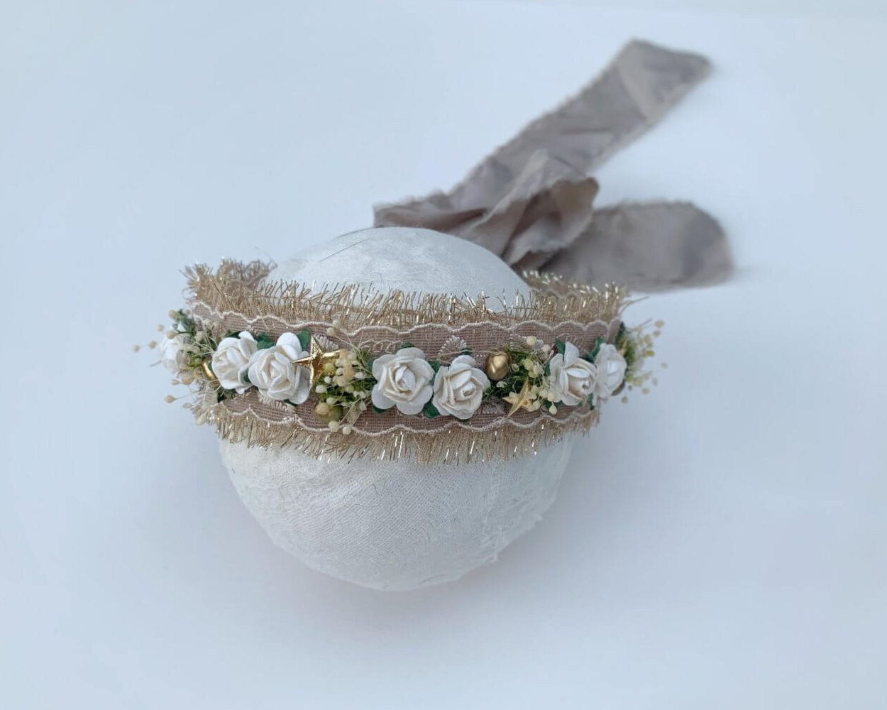 mini floral crown headband for newborn and babies in white and gold