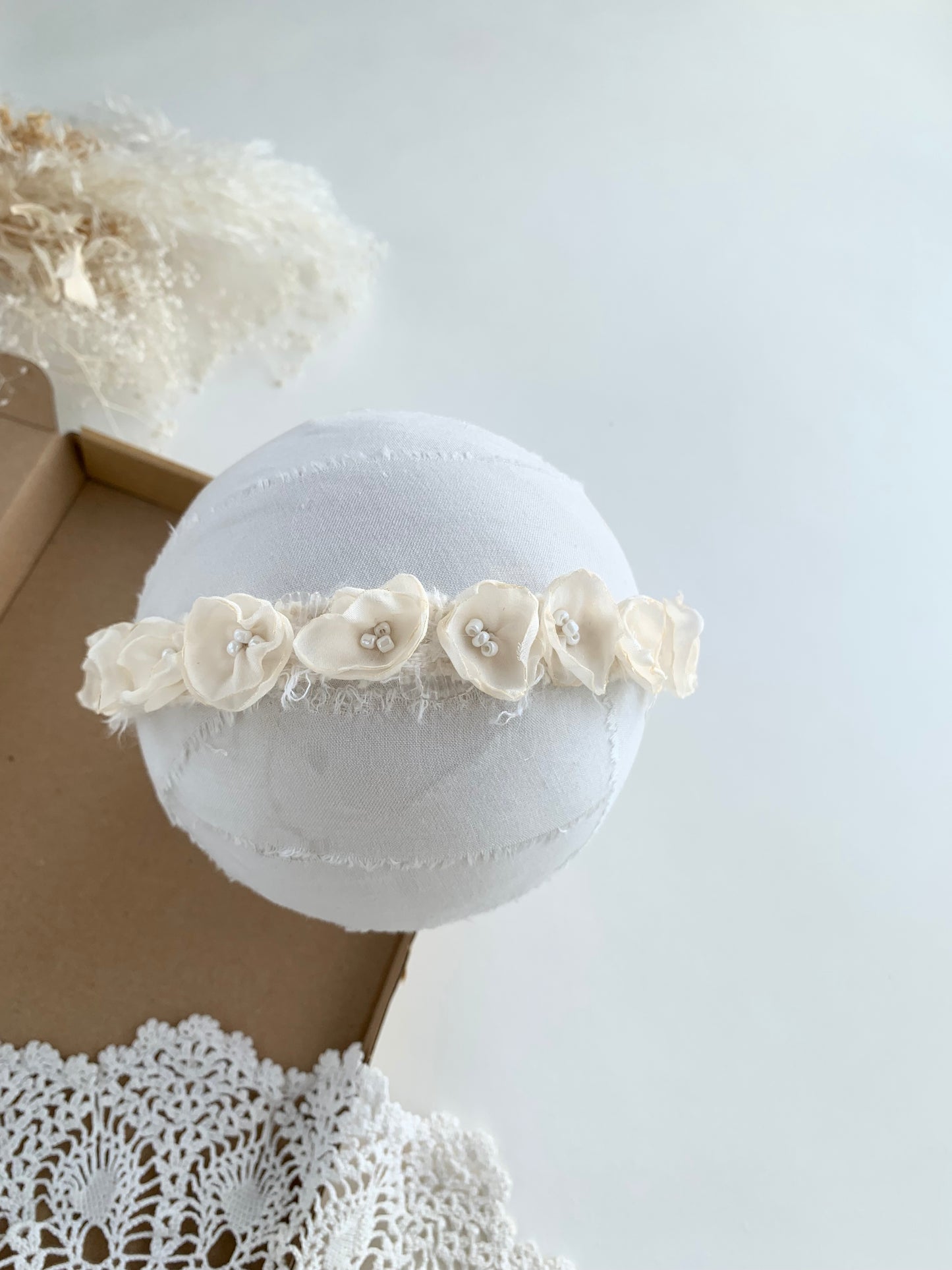 ivory baby floral crown headband with chiffon flowers and beads