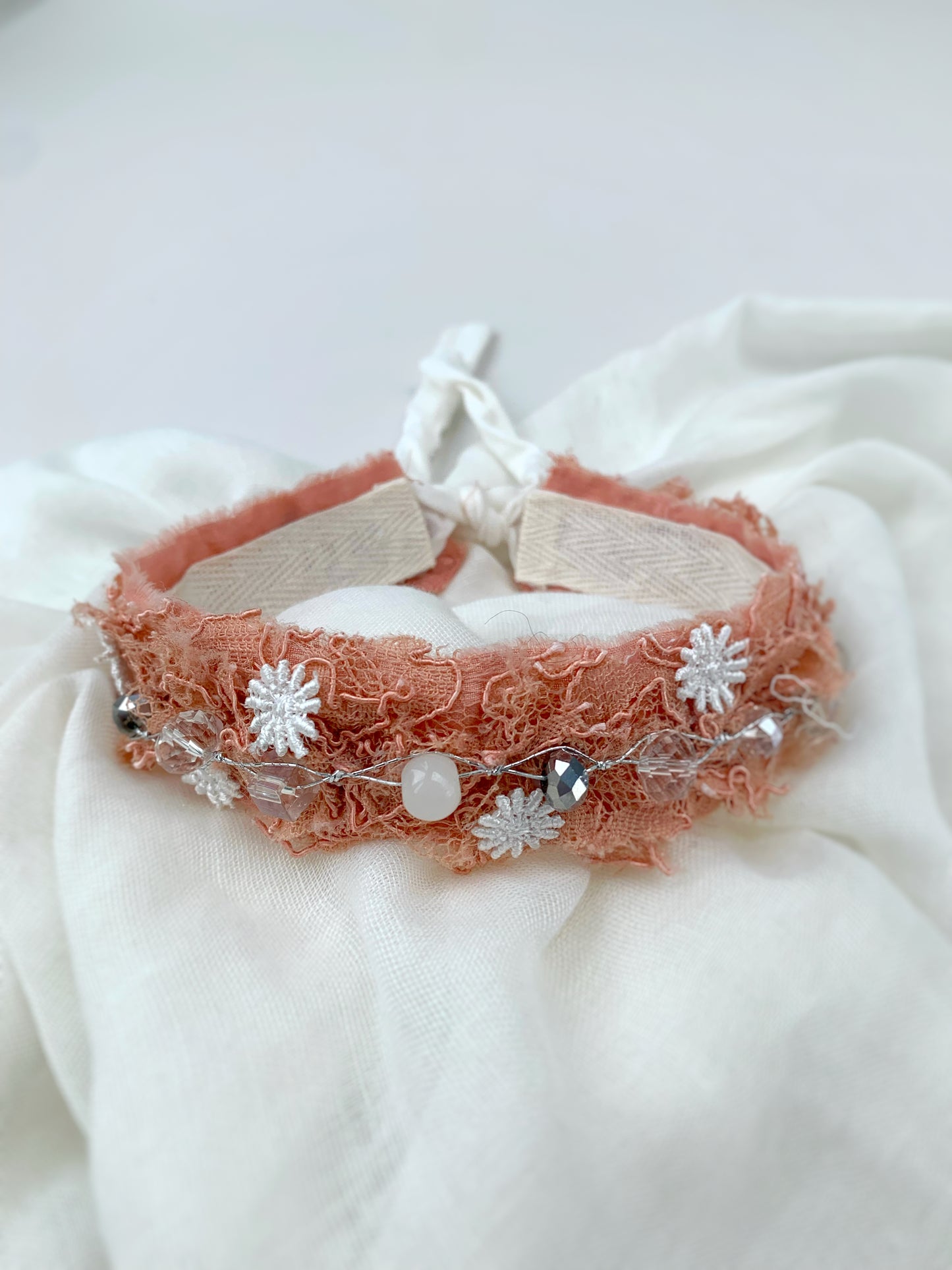 distressed lace beads and tiny floral headband for newborn and kids