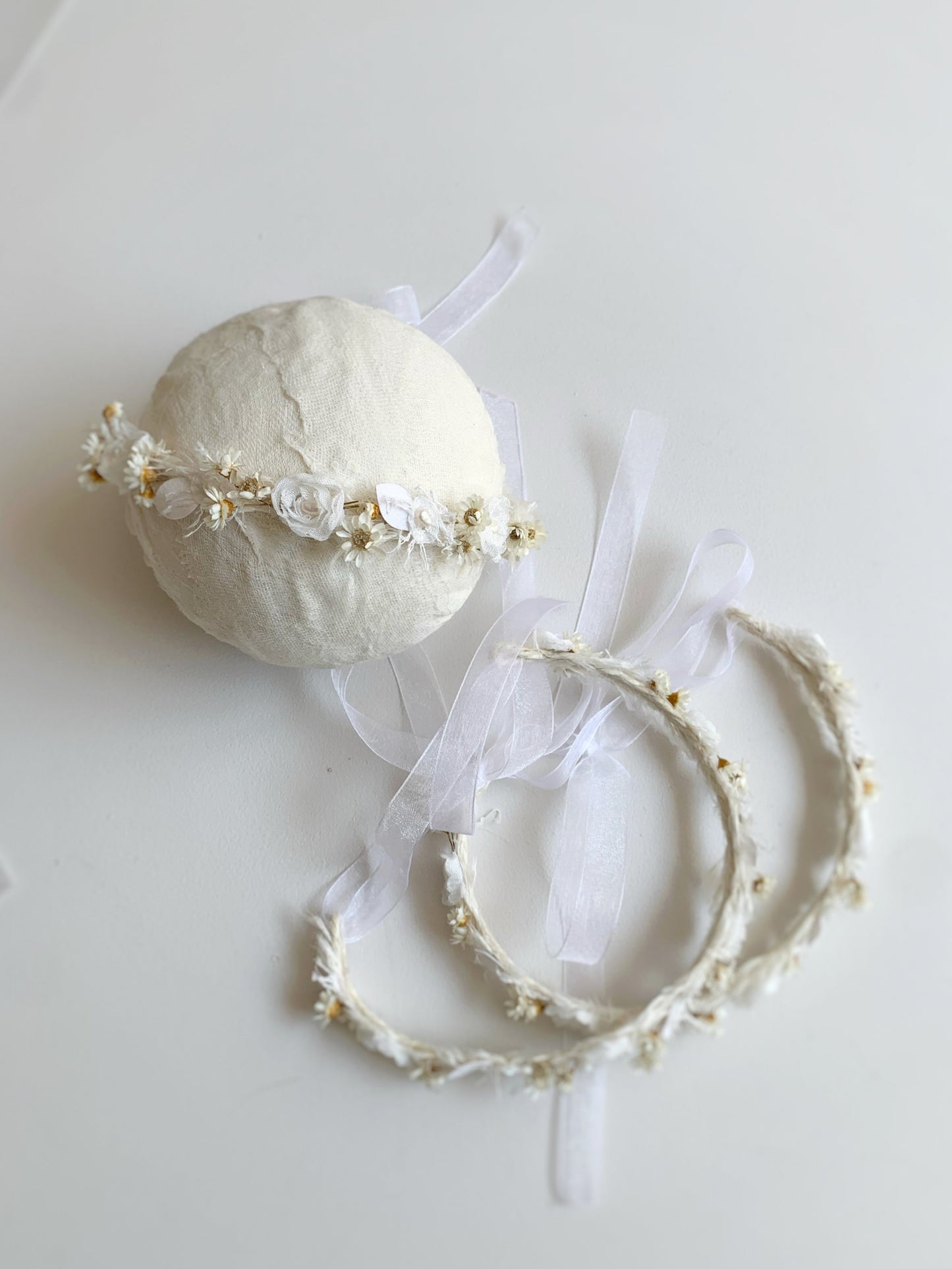Newborn floral crown headband for photography sessions in ivory