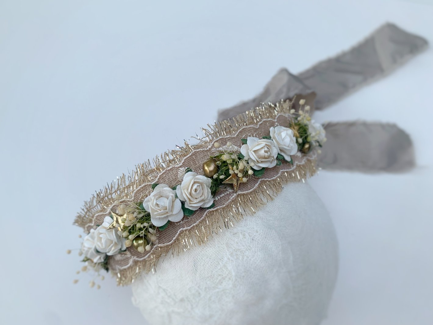 Toddler baby floral crown headband in gold and white