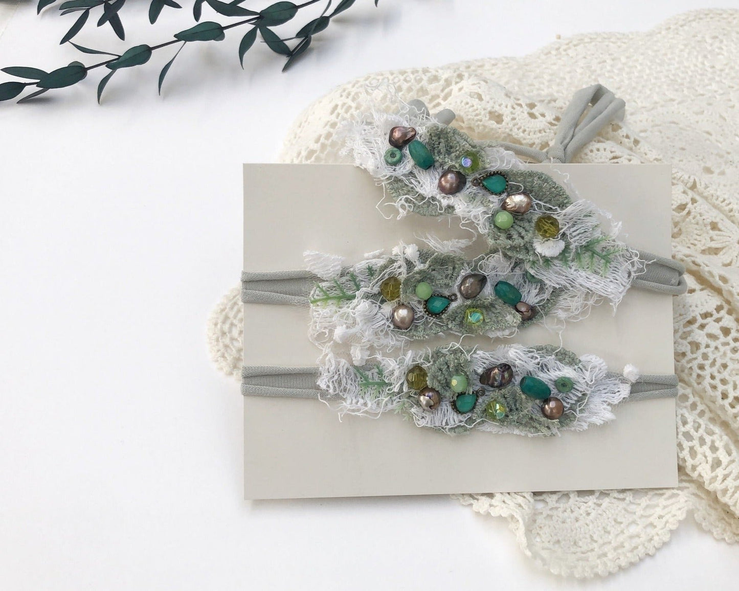 Green baby flower headband, newborn baby photography props, Photo props, baby girl props, beaded headband, handmade headband