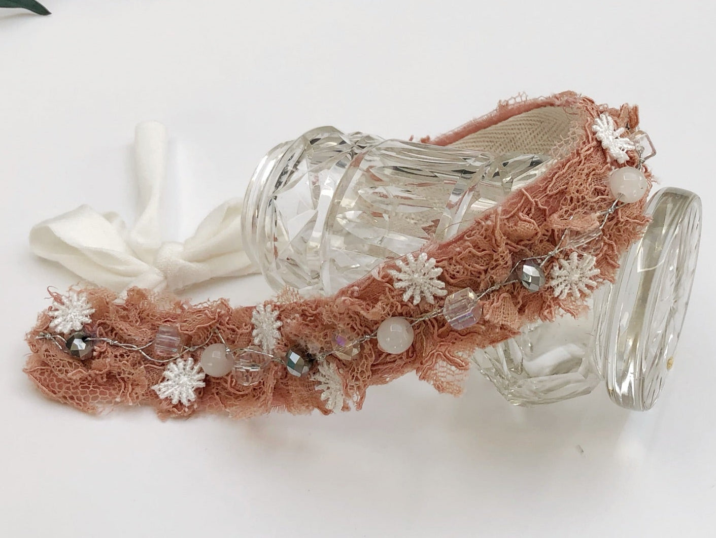 distressed lace beads and tiny floral headband for newborn and kids