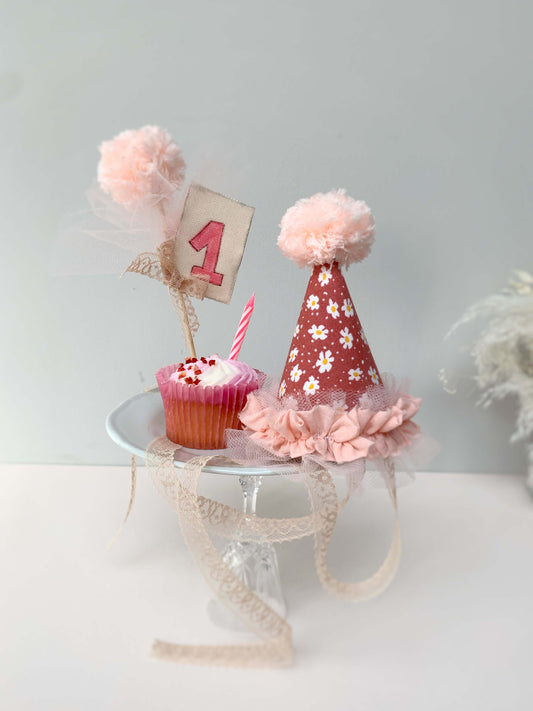 Floral and pink 1st birthday hat with pom-pom for cake smash