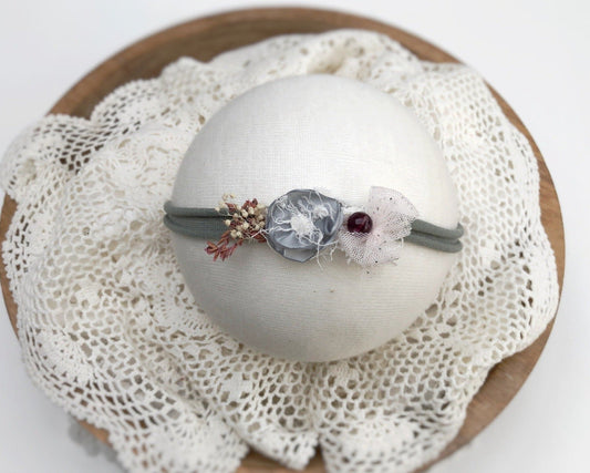 baby flower headband, newborn headband, green and pink baby headband