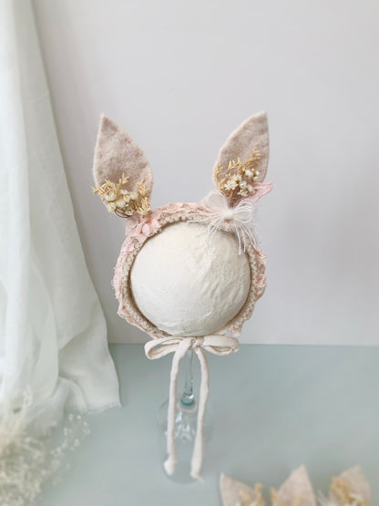 Soft lace bunny ears baby headband neutral tones