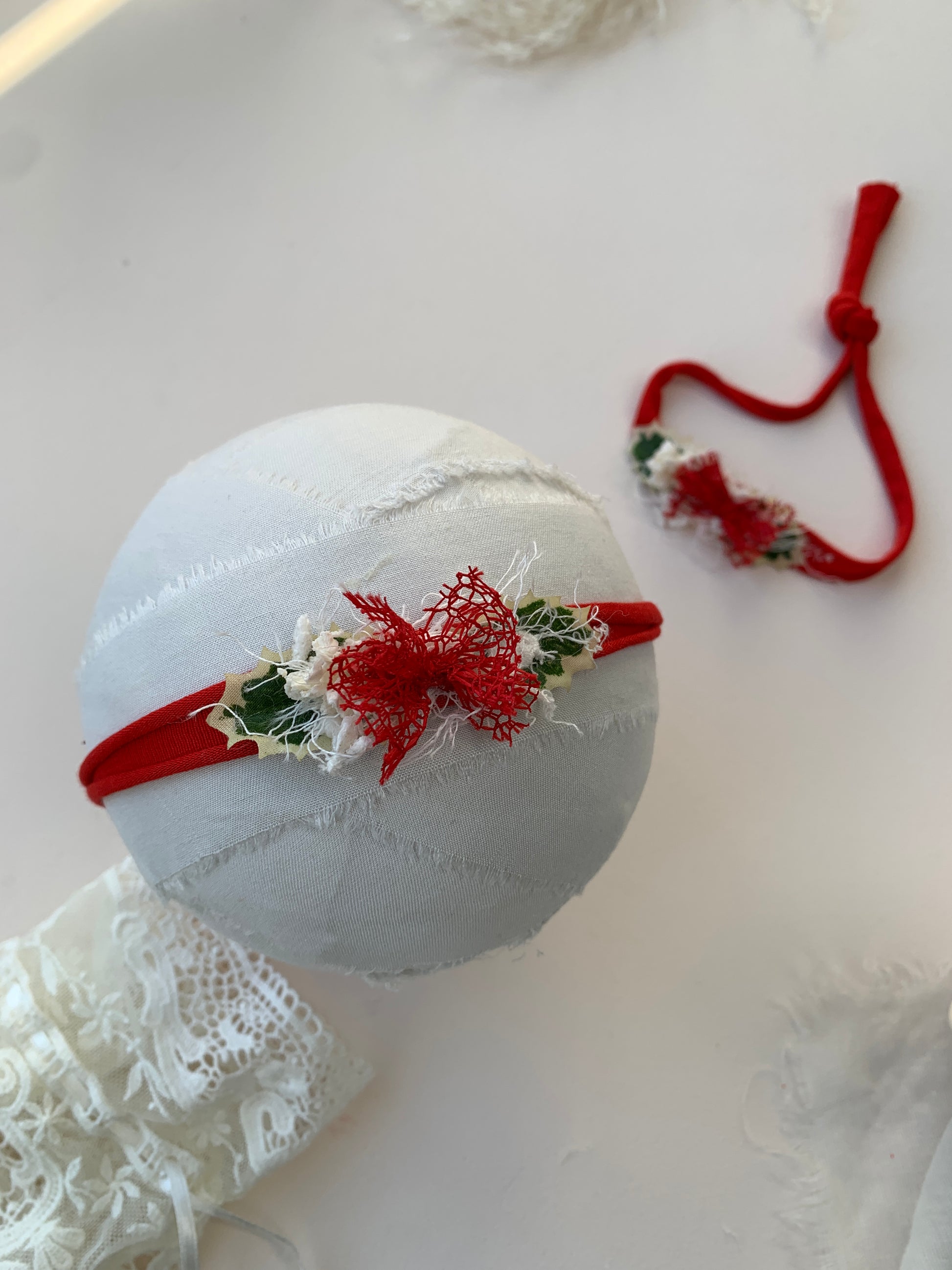 Red and white  baby bow headband on adjustable tieback