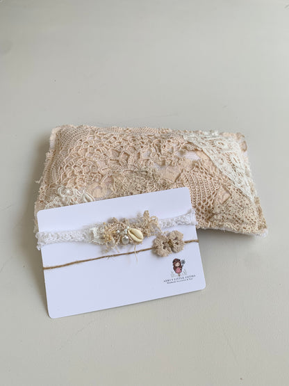 newborn photography mini pillow with a set of two matching handmade headbands