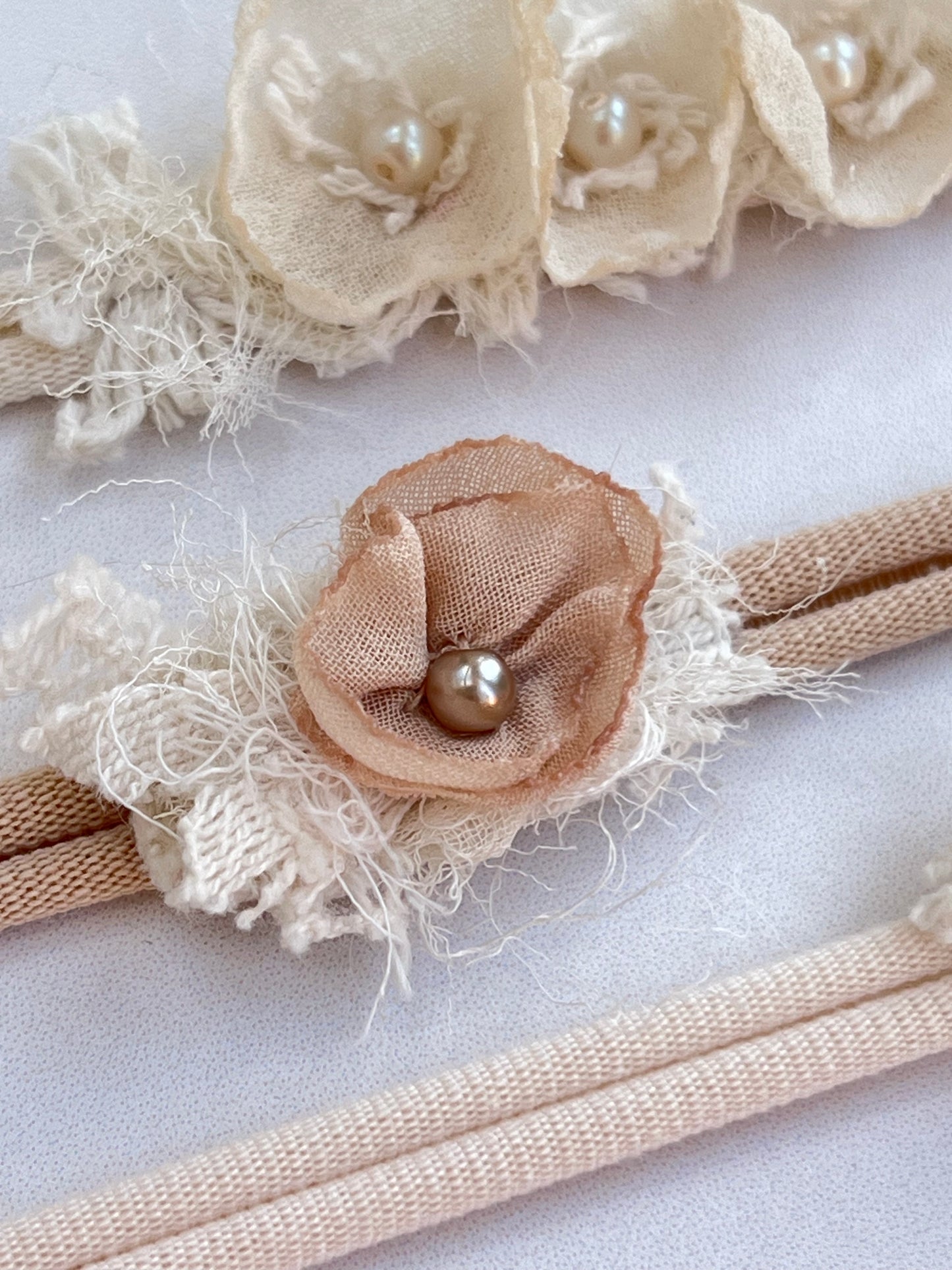 Neutral newborn tieback headband photography prop for newborn photoshoots