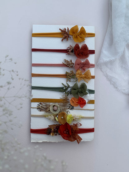 Baby girl newborn bow headband with preserved dried flowers on soft elastic stretchy  band