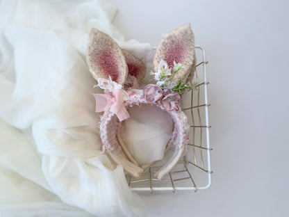 Child size pink floral Easter bunny ears Alice band