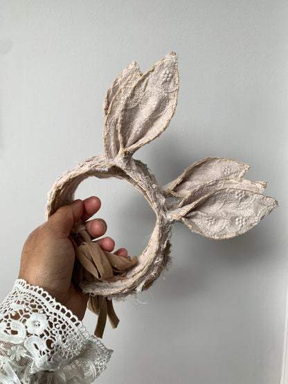 Beige lace bunny ears headband for newborn photography