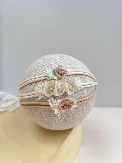 Neutral newborn tieback headband photography prop for newborn photoshoots