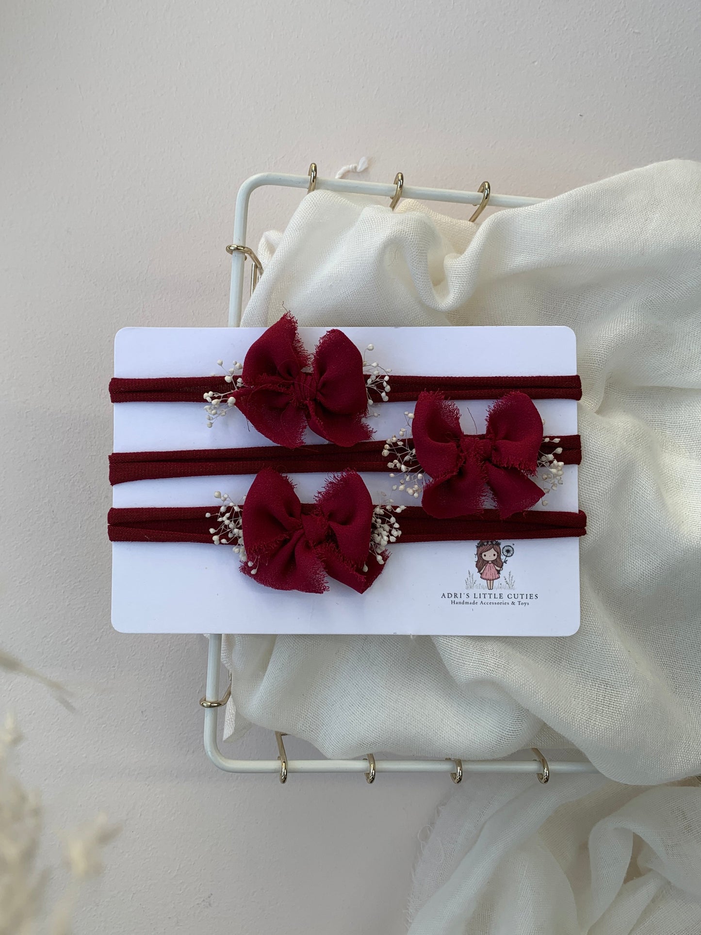 Newborn red chiffon bow photography prop on soft tieback