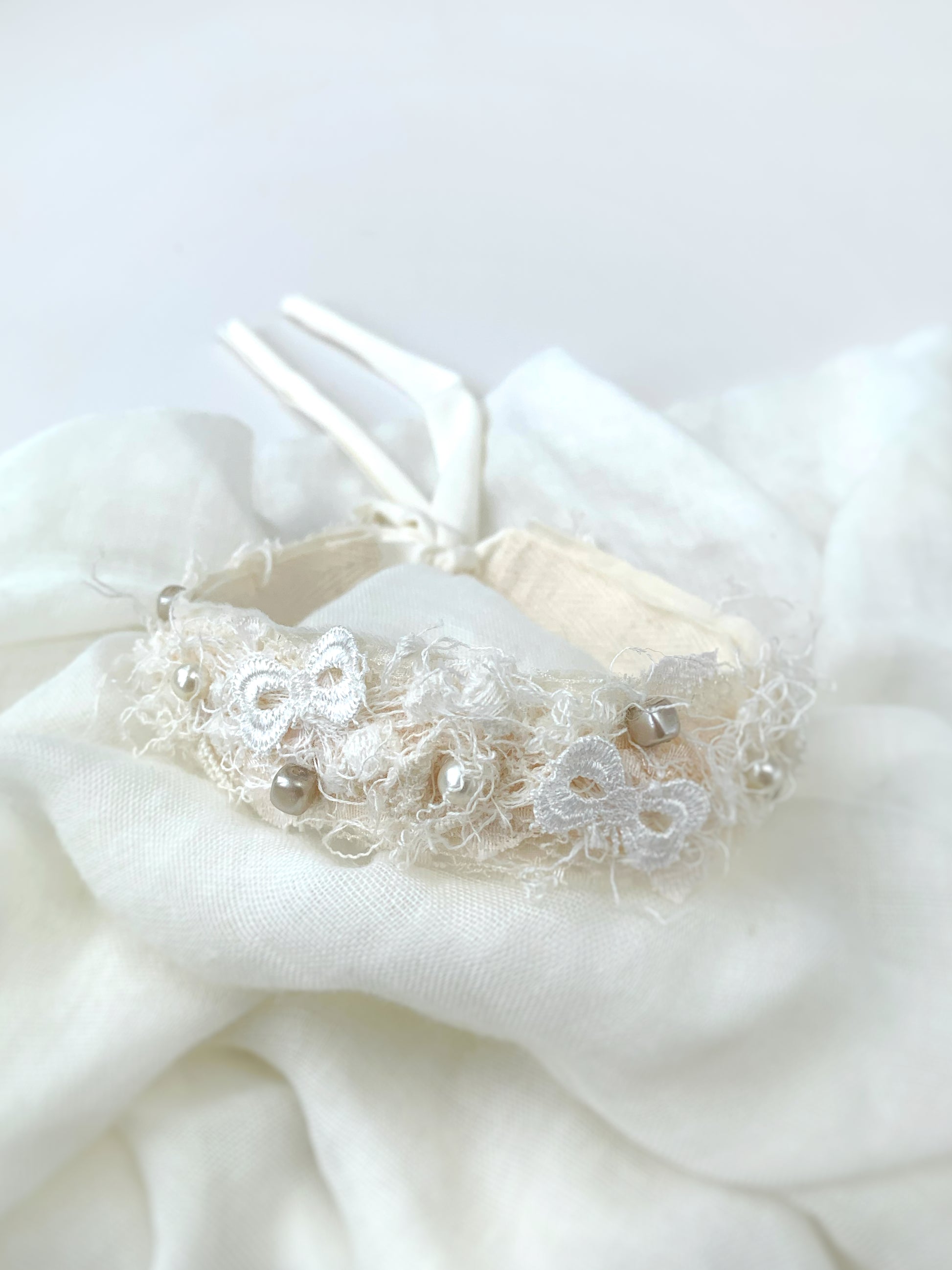 ivory cream baby bow and lace headband perfect for newborns and toddler