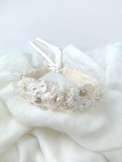 ivory cream baby bow and lace headband perfect for newborns and toddler