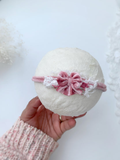 Velvet Headband for Baby Girls, Newborn Pink Bows, Newborn Photoshoot Dainty Hairband