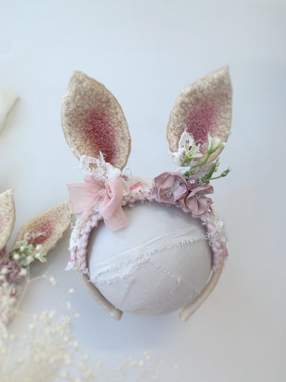 Child size pink floral Easter bunny ears Alice band