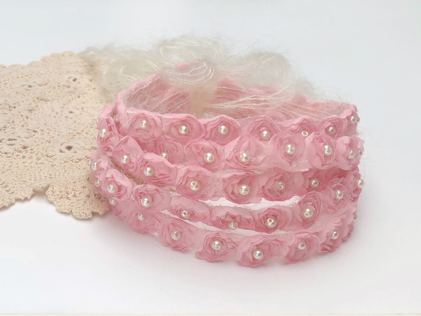 Baby Headband, Baptism Headband, dainty headband, Christening headband, floral headband, Flower Girl Headband, flower crown baby, halo headband, Newborn Headband, Lace Headband, pearl headband, Pink Baby Headband, pink headband