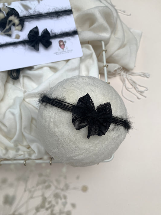 Halloween Newborn Baby Bows - Tiny Black Tulle Headband for a Baby - Photoshoot Props Tieback