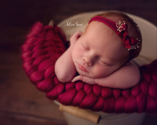 Red and white chiffon baby bow headband on adjustable tieback